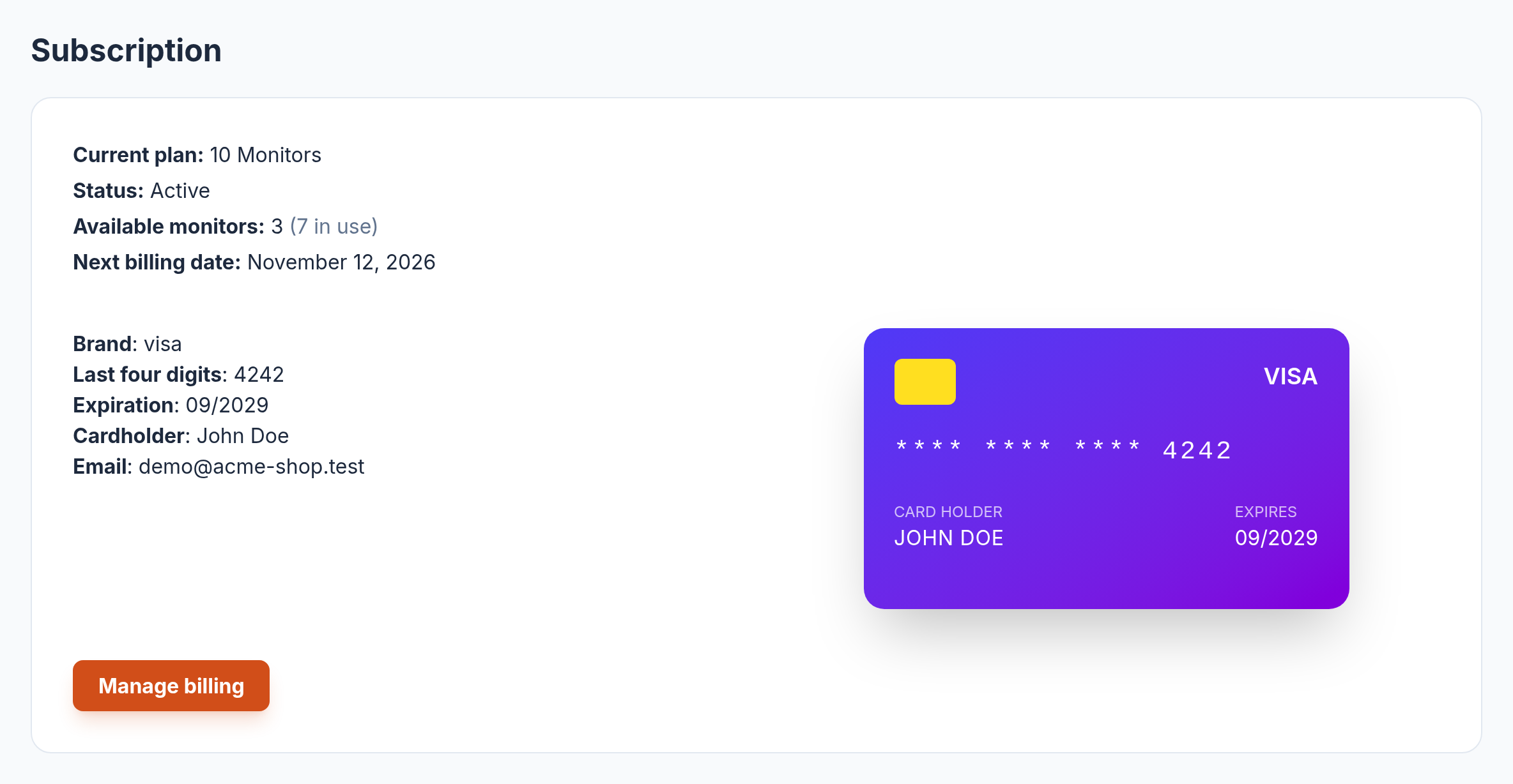 Subscription section with plan, status, available monitors and next billing date