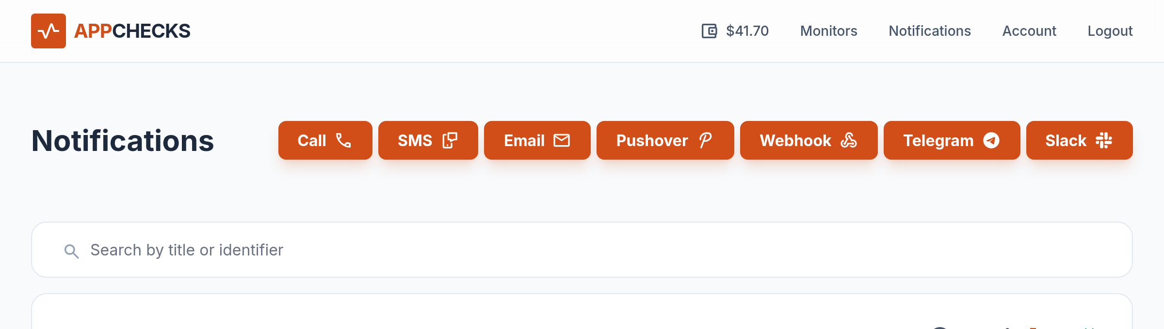 Notification channels: Call, SMS, Email, Pushover, Webhook, Telegram and Slack