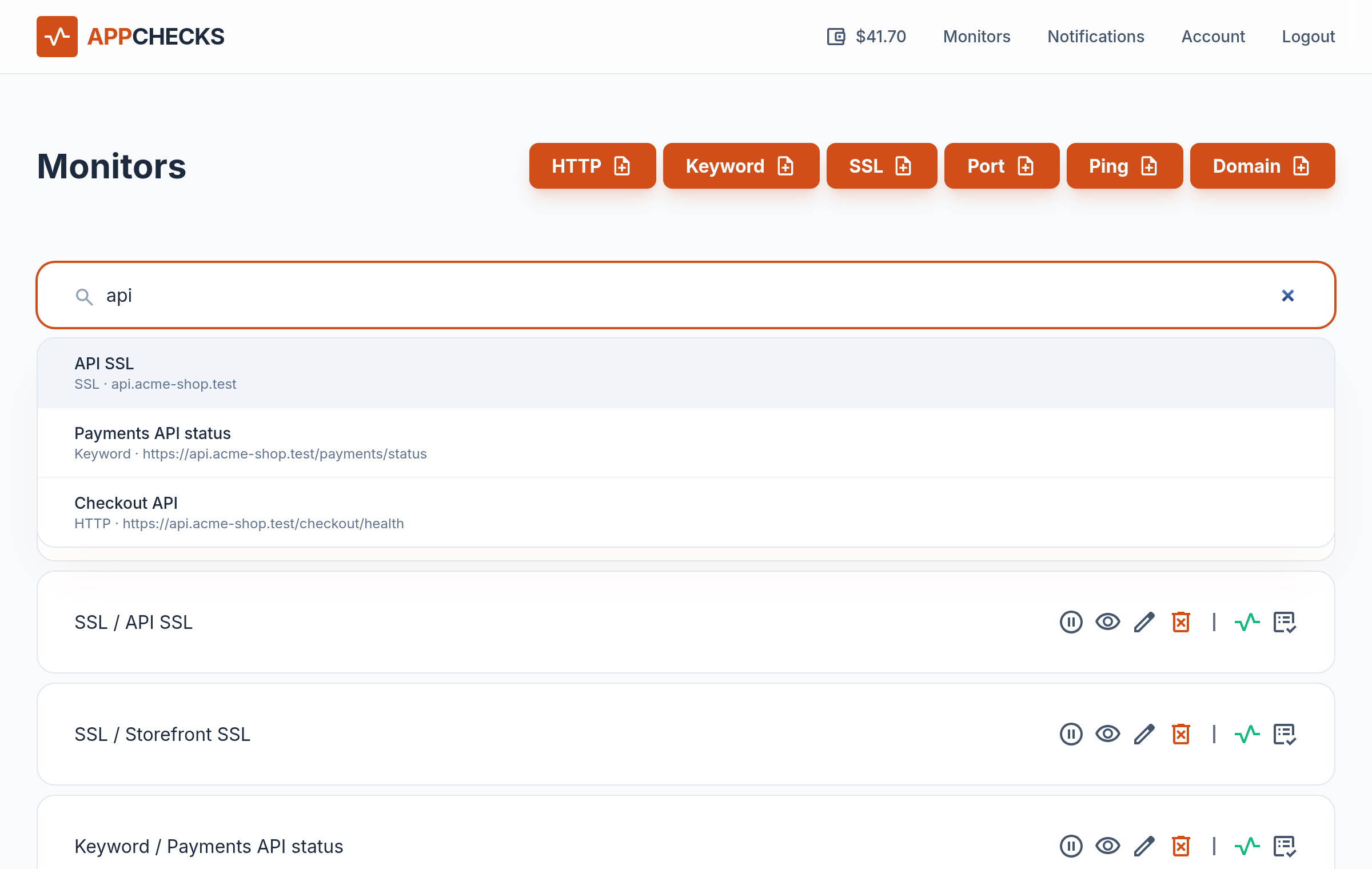 Searching monitors by "api" finds matches in titles, URLs and hosts