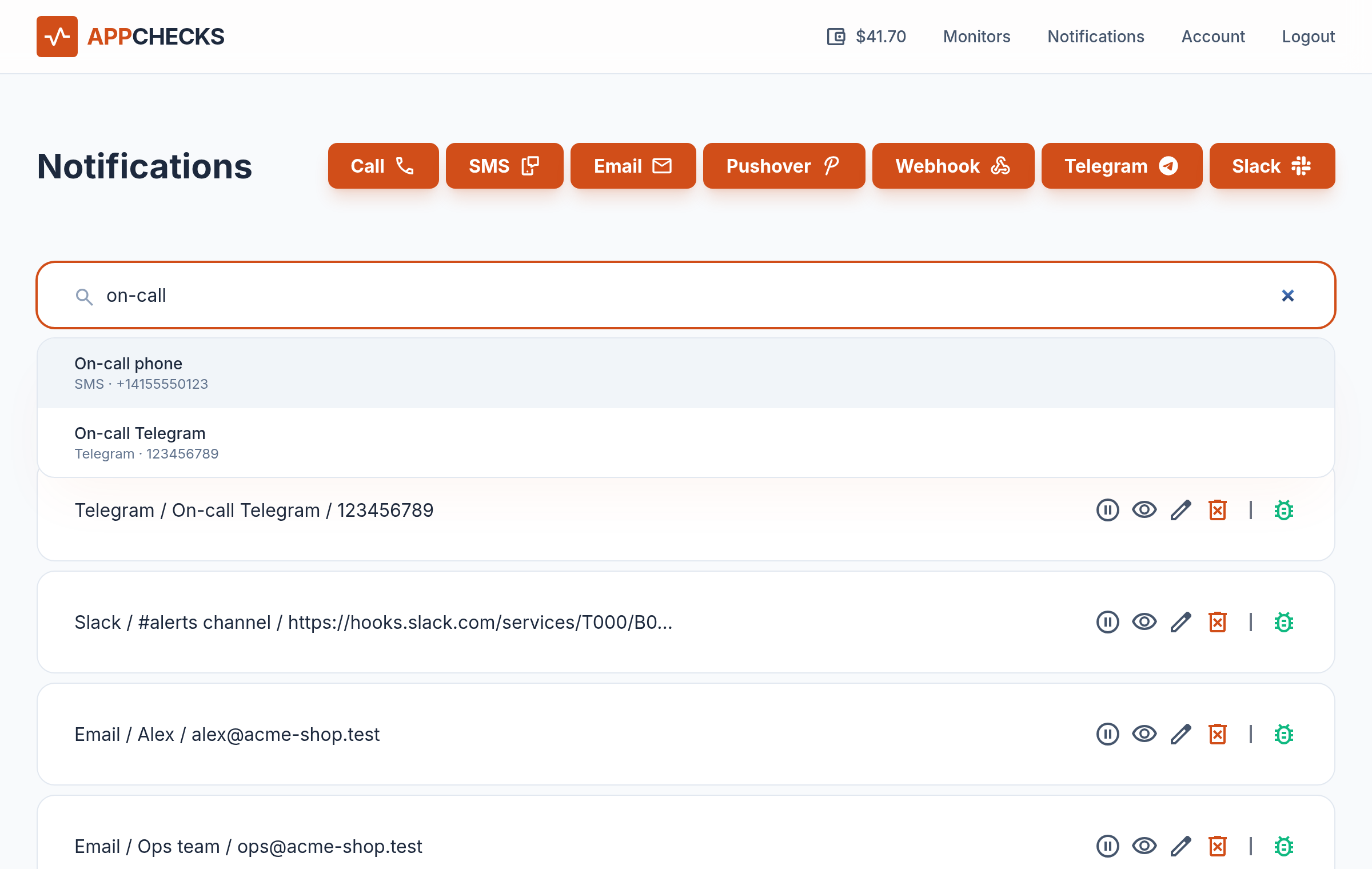 Searching notifications by "on-call" finds SMS and Telegram channels